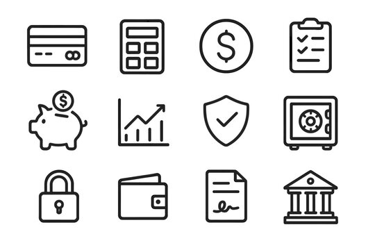 Finance icons: credit card, calculator, savings, chart, security, bank vault, lock