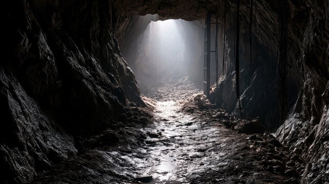 Sunbeam illuminates a rocky, damp cave path with vertical supports