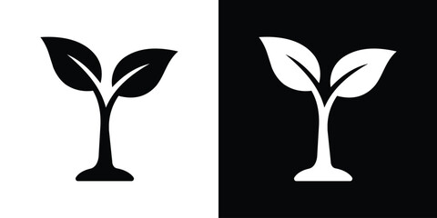 Obraz premium Minimalist small plant growing icon set. Features black and white young seedling vector illustrations on contrasting backgrounds, symbolizing nature, growth, ecology, and organic life.
