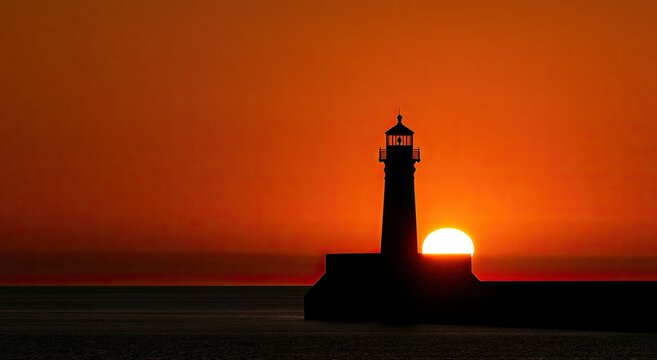 Silhouette of a lighthouse against a vibrant orange sunset over the ocean