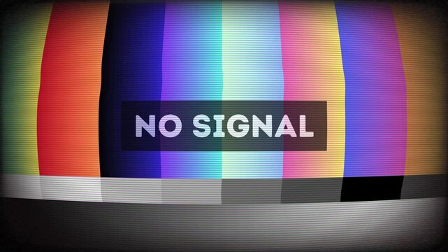 Vintage TV screen with 'No Signal' text over classic color test pattern, indicating a broadcast error