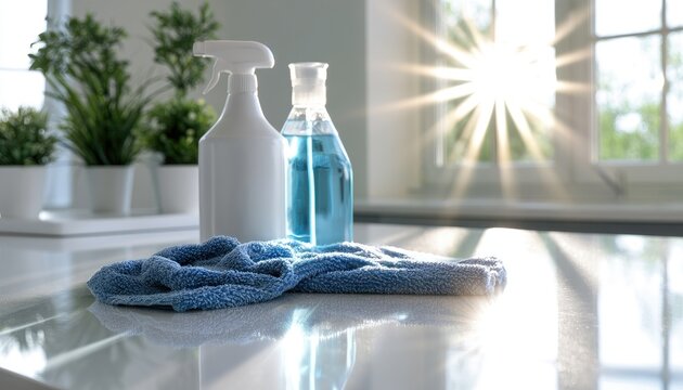 Sunlight beams on cleaning supplies and plants, promising a spotless home