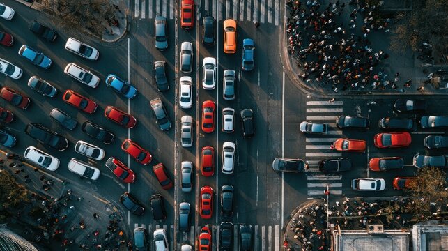 Aerial view of congested intersection with cars, pedestrians, and crosswalks