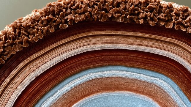 Close-up of layered, textured, circular confection with a crumbly brown top edge