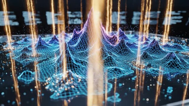 Futuristic 3D blue wireframe mountain landscape with glowing orange light pillars on digital table