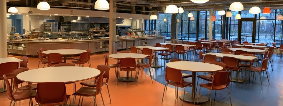 Modern cafeteria with white tables and orange chairs, serving area in background