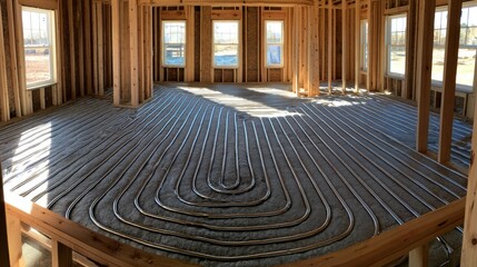 Obraz premium Radiant floor heating pipes installed in unfinished new home construction