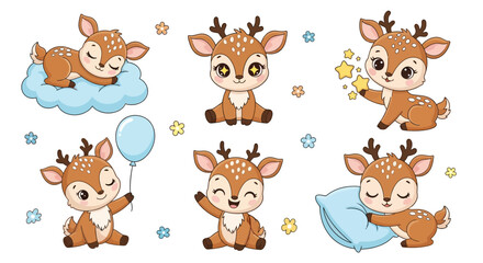 Fototapeta premium Cute baby deer character set with various poses and accessories