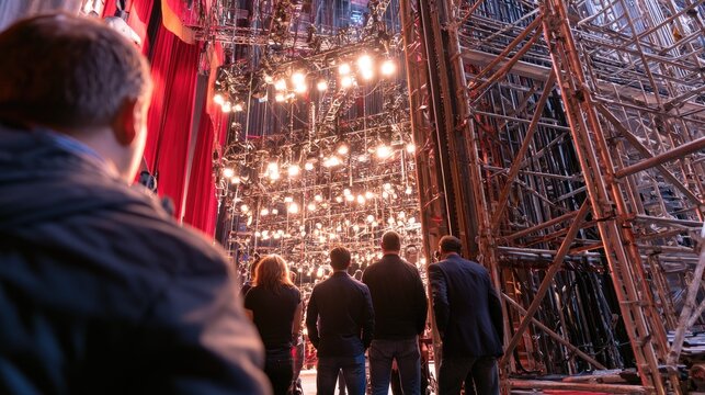 Stage crew observes a complex lighting rig and backstage scaffolding
