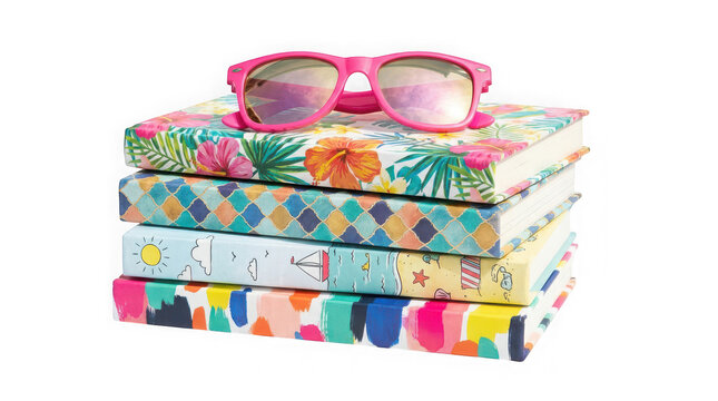 Stack of colorful patterned hardcover journals with pink sunglasses on isolated on transparent background