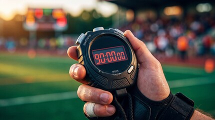 Naklejka premium Hand of man holding stopwatch with 90 minute display on football field. Referee measuring time during soccer game. Competitive professional sport event and championship final countdown