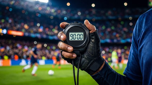 Man holding stopwatch showing 90 minutes at football stadium. Referee timing end of match game. Sports competition, final whistle, professional coach, game clock, championship time