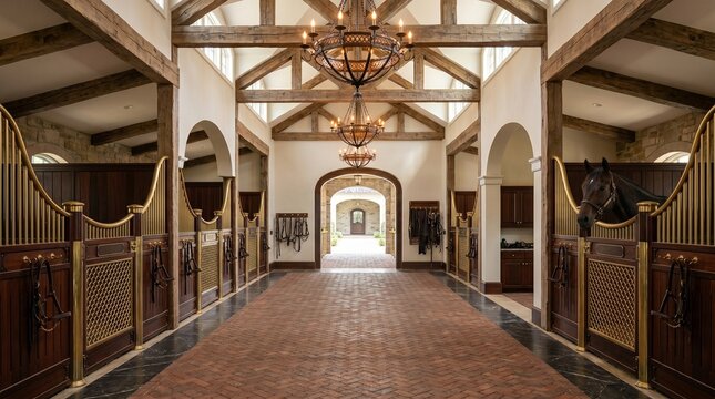 Luxury Equestrian Stable Interior with Rustic Wooden Beams, Elegant Chandeliers, and Brick Flooring. High-End Horse Barn Stall, Professional Equine Facility and Wealthy Lifestyle.