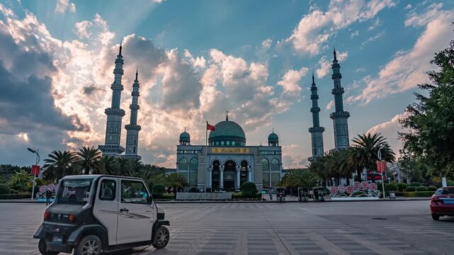Grand Mosque with Four Minarets Under Dramatic Sky in Shadian, Yunnan, China