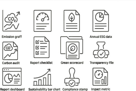 Environmental and compliance document icons with graphs and checklists