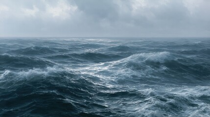 Naklejka premium Turbulent ocean waves churn under a stormy, overcast sky