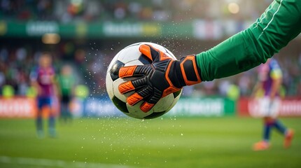 Fototapeta premium Goalkeeper hand catching football ball during match. Professional goalie saving goal on stadium pitch. Sports action shot with water splashes and active competition in dynamic event