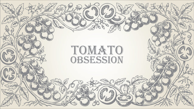 Retro sketch tomato border background, engraved style organic vegetable frame for packaging design