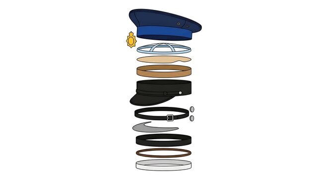 Exploded view diagram of a flat cap showing internal components and layers