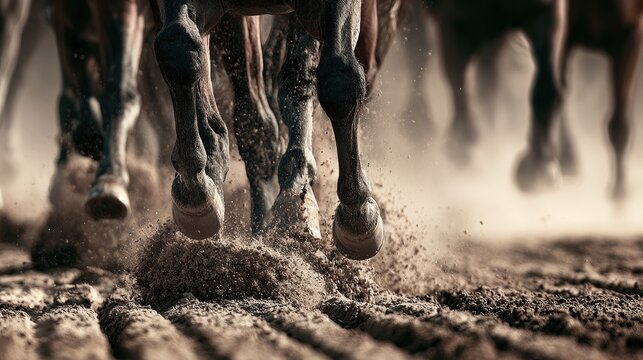 Powerful equine legs pound dirt, kicking up dust in dynamic motion