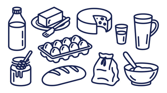 Dairy and baking ingredient hand-drawn icon set, rustic culinary vector illustrations for food packaging, recipe blog design, artisan grocery branding, bakery labels, and editorial cookbook layouts.