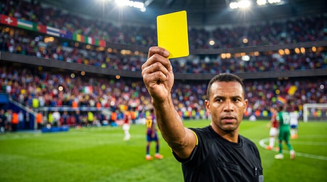 Football referee holding up yellow card during professional match. Official issuing penalty for foul or misconduct on stadium. Sports rule enforcement and fair play concept in game