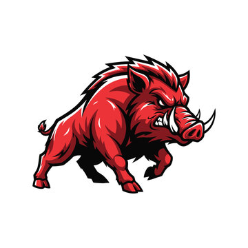 Red cartoon boar with sharp tusks.
