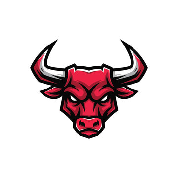 Red cartoon angry bull head logo.