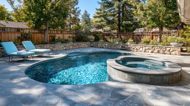 Tranquil backyard oasis kidney-shaped pool, spa, stone patio, and lounge chairs