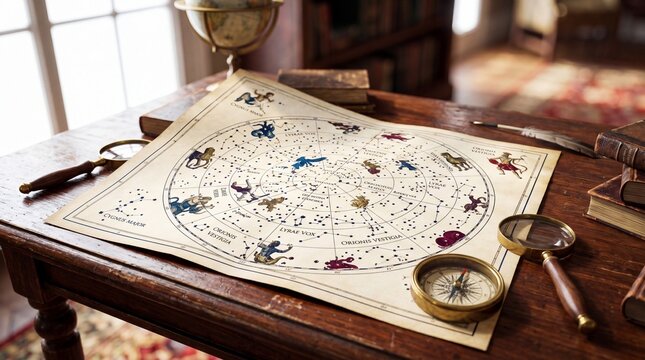 Antique star map on wooden desk with brass compass and magnifying glass. Astronomy research setup for astrology and celestial navigation. Vintage study of night sky constellations