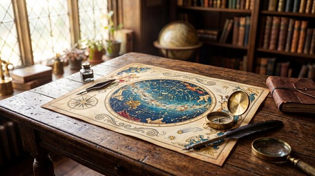 Old star map on wooden desk with brass compass and quill pen. Antique astrology chart for celestial navigation and fortune telling in library. Vintage mysticism and magic concept
