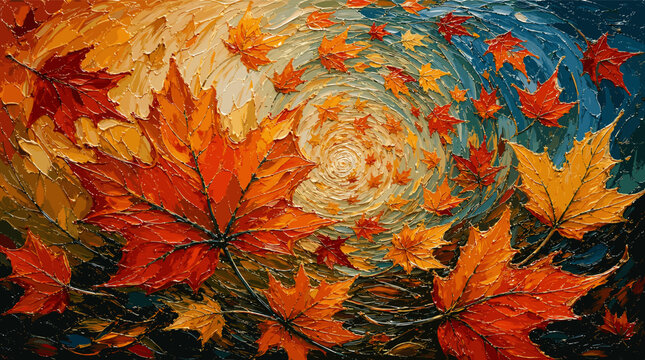 A vibrant, impressionistic painting captures the swirling motion of autumn leaves in a riot of warm colors.