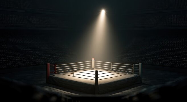 Empty boxing ring illuminated by a single spotlight in a darkened stadium