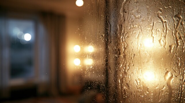 Water droplets on glass obscure warm interior lights and window view