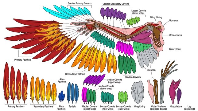 Detailed diagram of bird wing anatomy showing feather types and skeletal structure