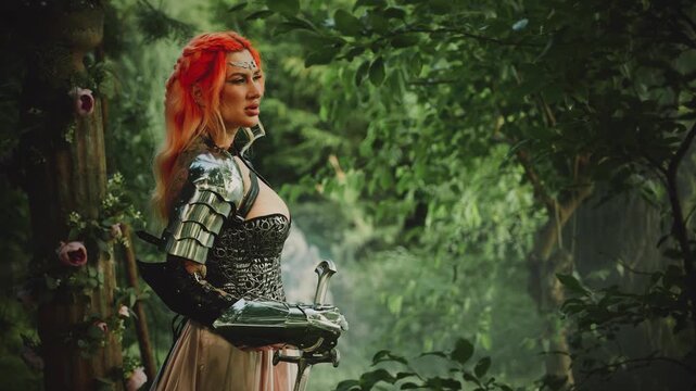 Fantasy woman medieval knight in metal armor with weapon iron sword in hands. Heroine larp lady hand iron glove, queen ancient warrior old style. fairy tale elf girl princess. green forest trees fog