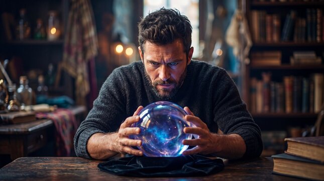 Man fortune teller looking into a glowing crystal ball. Sorcerer performing divination in a magical study. Mysticism, esoteric ritual and future prediction concept in dark interior