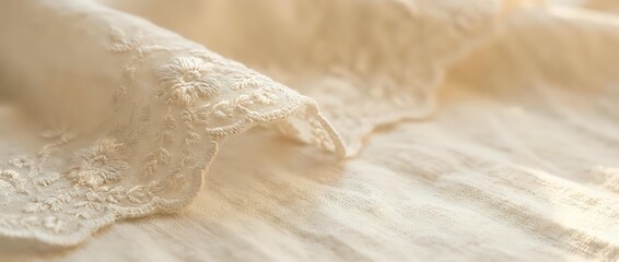 Naklejka premium Delicate ivory lace fabric with intricate embroidered details draped on soft neutral textile background, suitable for wedding, fashion, and textile design projects.