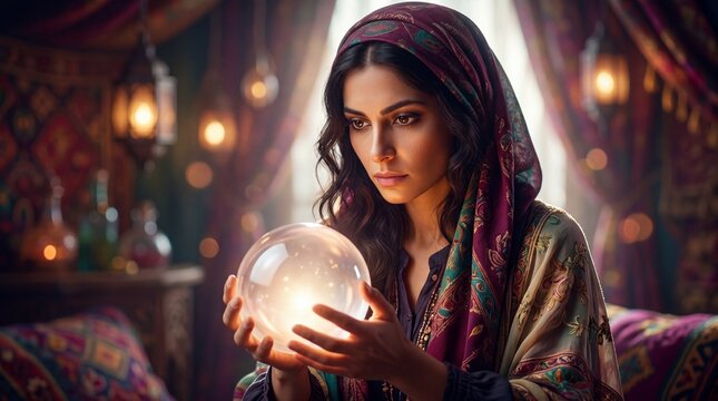 Fortune teller woman looking into glowing magic crystal ball. Esoteric ritual for future prediction and psychic reading. Concept of mysticism, astrology, occultism and spiritual energy
