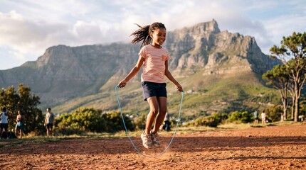 Obraz premium African child jumping rope at the foot of Table Mountain. Young girl exercising outdoors in nature during Africa Day. Active lifestyle, childhood joy and adventurous spirit in South Africa