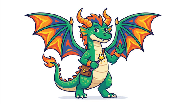 Colorful winged dragon cartoon standing upright in a playful pose and friendly look.