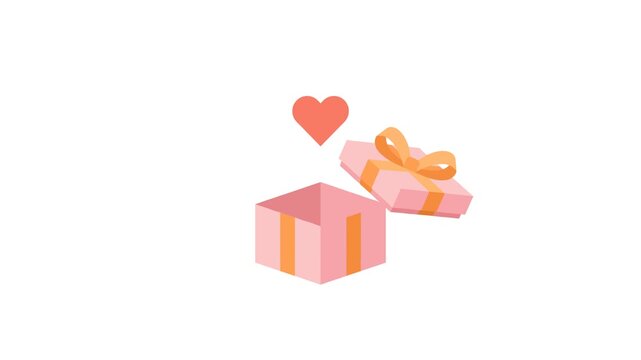 Animated Pink Gift Box Opening to Reveal a Red Heart Illustration on White Background