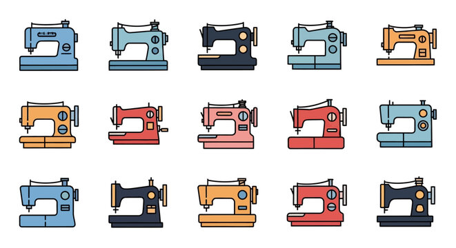 Collection of colorful sewing machines in various styles isolated