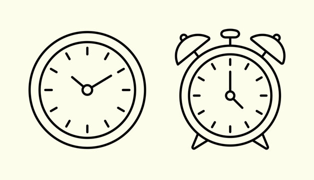 Minimalist clock and alarm clock line icons set. Editable stroke vector.