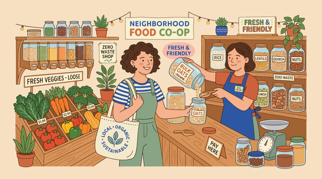 Women shopping at food co-op store surrounded by products and decorations