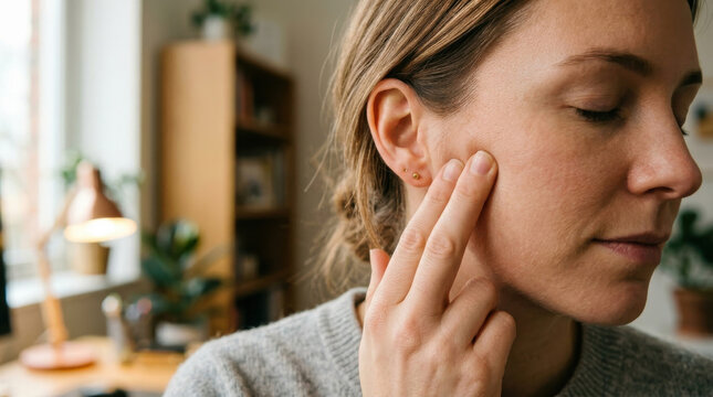 Jaw pain finger massage jaw joint temporomandibular joint woman close up facial pain hand touching face self care Jaw pain relief from finger massage jaw joint, temporomandibular joint discomfort