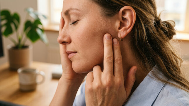 Jaw massage finger woman face pain jaw massage finger woman face pain temporomandibular joint tmj jaw joint facial muscle muscle tension jaw clenching headache stress self care wellness health