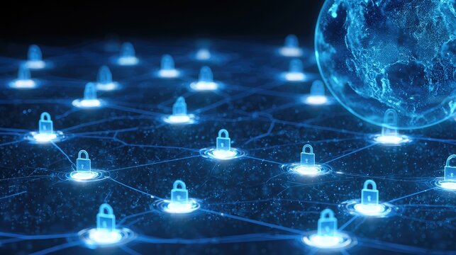 Network of glowing locks forms a digital web, with a planet in a protective sphere