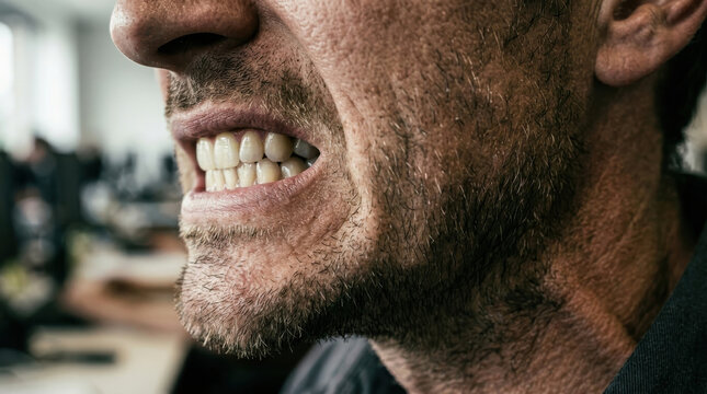 Frustrated employee clenched teeth angry man close up stress aggression office background facial expression jaw beard, tense man clenching teeth close up, showing frustration and workplace stress