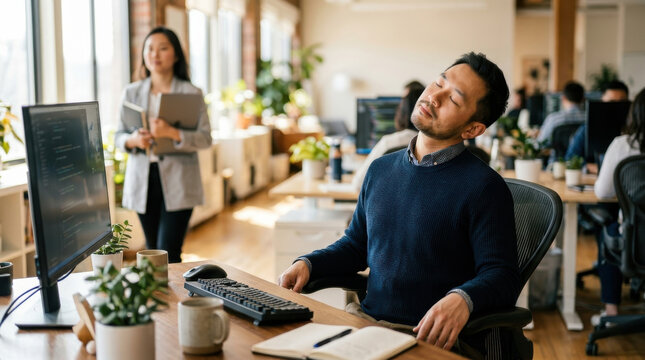 Office worker neck stretch desk computer posture Office worker doing neck stretch desk with computer modern open office, practicing posture break for wellness and stress relief during workday